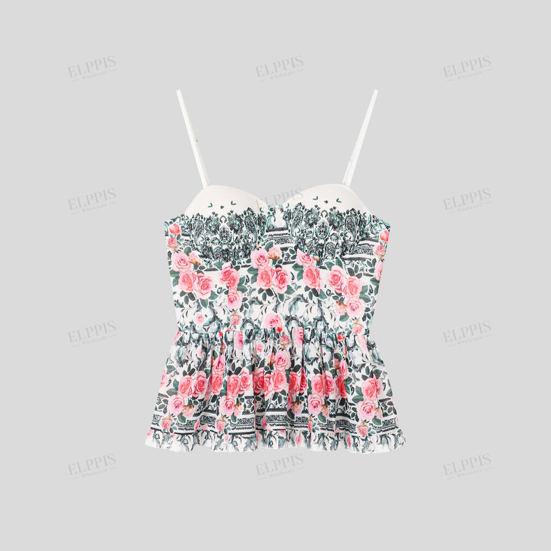 WZTA1141 Rose Prints Ruffle Camisole Top