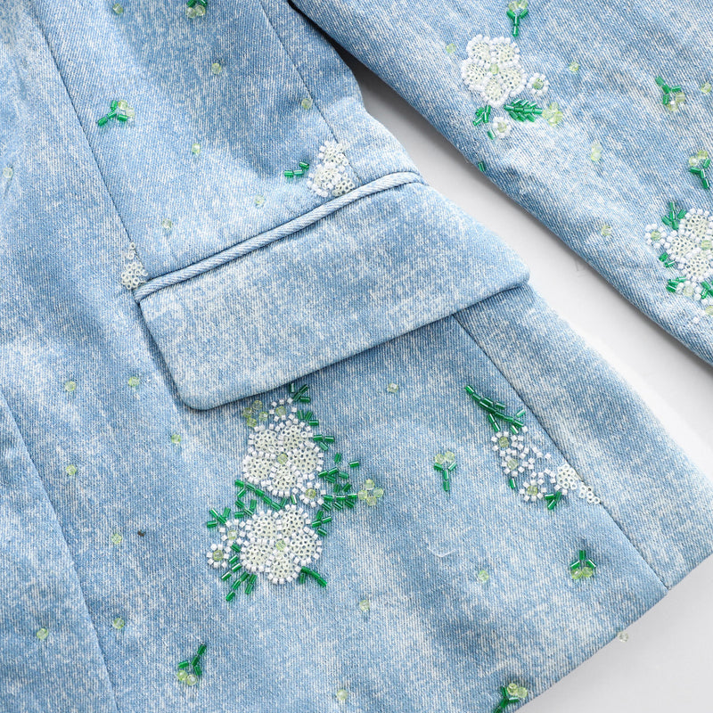 WZUA1465 Beaded Denim Blazer and Shorts Set
