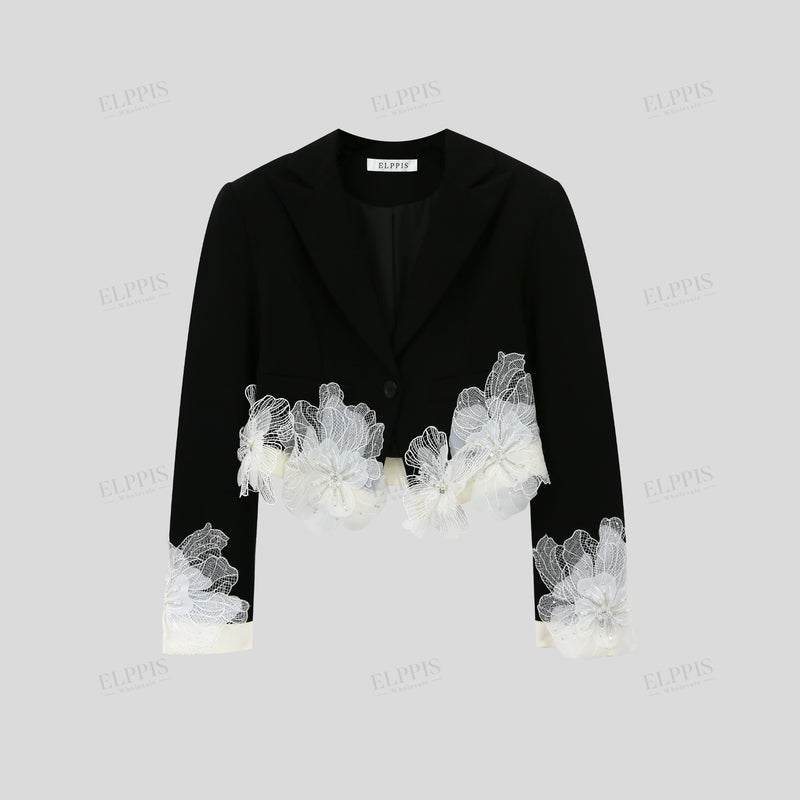 WZUA1352 3D Flowers Crop Blazer and Skirt Set