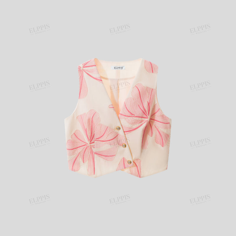 WZUA1437 Floral Embroidery Vest and Pants Set